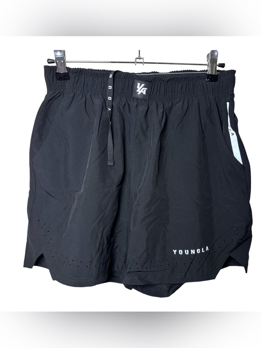 YoungLA Black Shorts Mens Medium Black White Logo Active Gym Training Drawstring